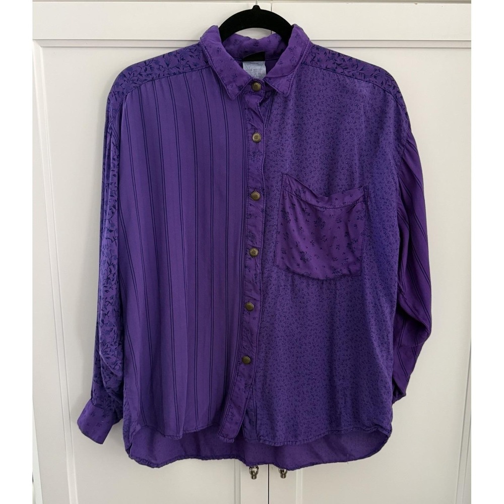 Vintage 80s Judy Knapp Purple Floral Stripes Block Print Shirt Medium Made InUSA